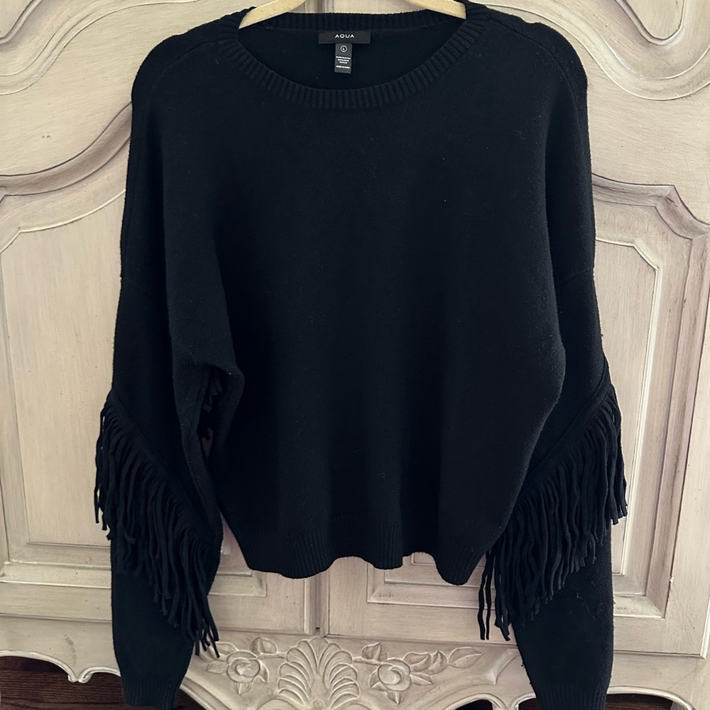 Aqua Knit Fringe Sleeve Sweater